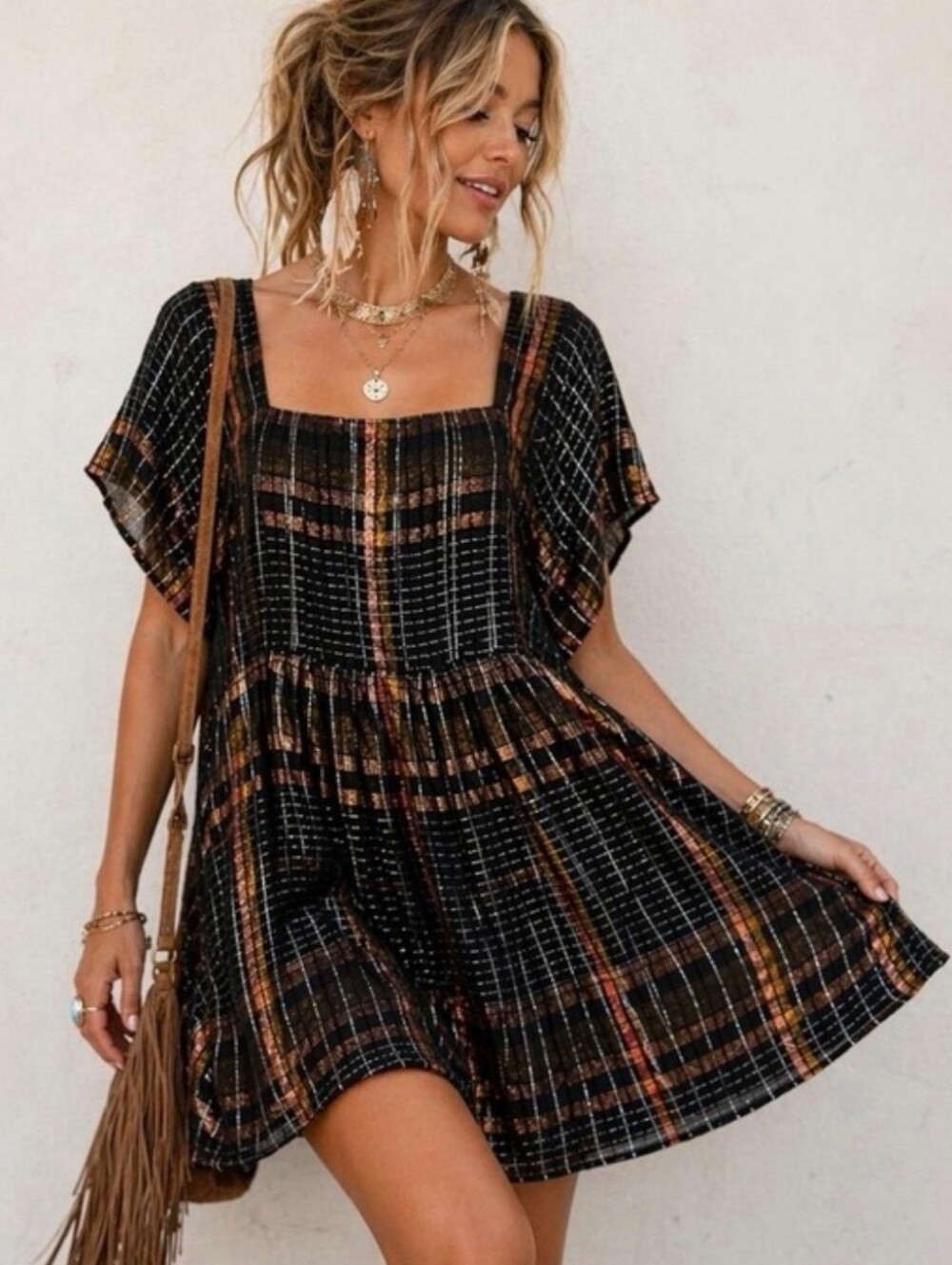 Free People Black Plaid Mini Dress with Brown & Tan Stripes